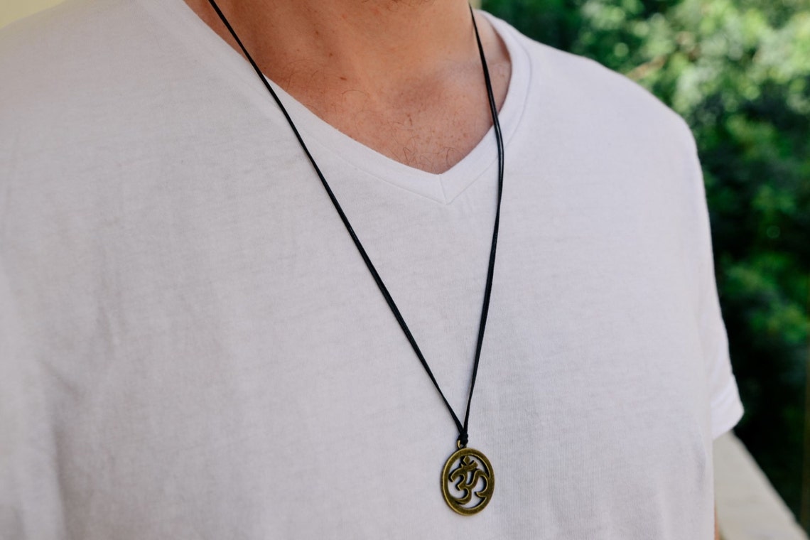 Men's necklace black cord bronze ohm pendant Om Etsy