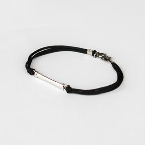 Men's bracelet, black cord bracelet for men, long silver bar, bracelet for man, gift for him, mens jewelry, stack minimalist bar bracelet