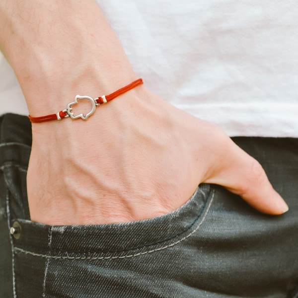 Hamsa bracelet for men from Israel, men's bracelet, silver charm, red string, gift for him, protection, Hand of Fatima, Kabbalah bracelet