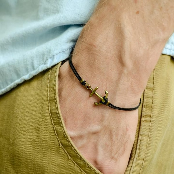 Pulsera de ancla para hombre, tono bronce, dije de ancla, pulsera para hombre, cordón de algodón negro, regalo para surfista, joyería de playa de verano para capitán