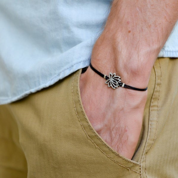 Bracelet for man, Men's bracelet, silver tone Lotus charm, Lotus bracelet, black, bracelet for men, gift for him, yoga bracelet, zen, flower