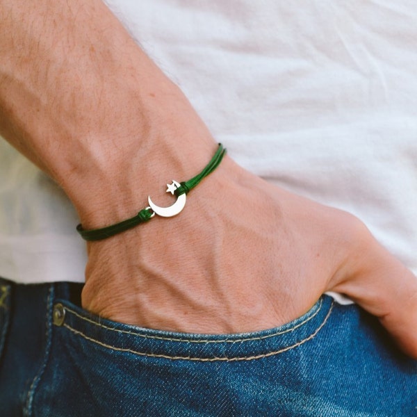 Men's bracelet, silver crescent moon charm, green cords, bracelet for men, gift for him, moon star bracelet, clasp, mens jewelry