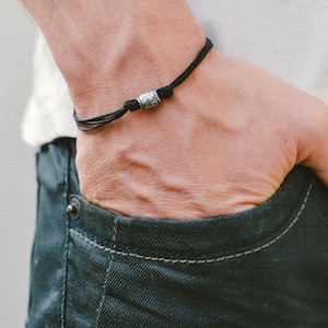 String bracelet for men silver tone bead charm men's bracelet black cord boyfriend gift for him customized men's jewelry minimalist bracelet