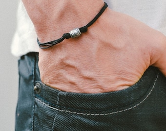 String bracelet for men silver tone bead charm men's bracelet black cord boyfriend gift for him customized men's jewelry minimalist bracelet