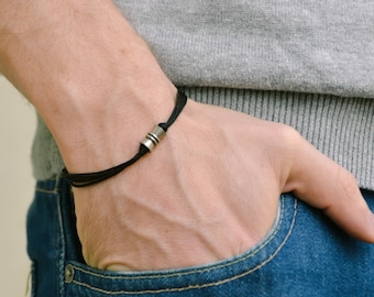 Men's bracelet with a silver tube bead charm and a black cord, string bracelet for men, gift for him, gift for boyfriend, beachy men jewelry