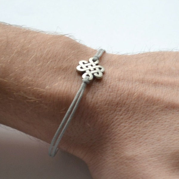 Bracelet Infinity pour hommes, bracelet homme gris avec un nœud sans fin en argent, nœud celtique tibétain, cadeau pour lui, nœud chinois, bouddhiste, yoga