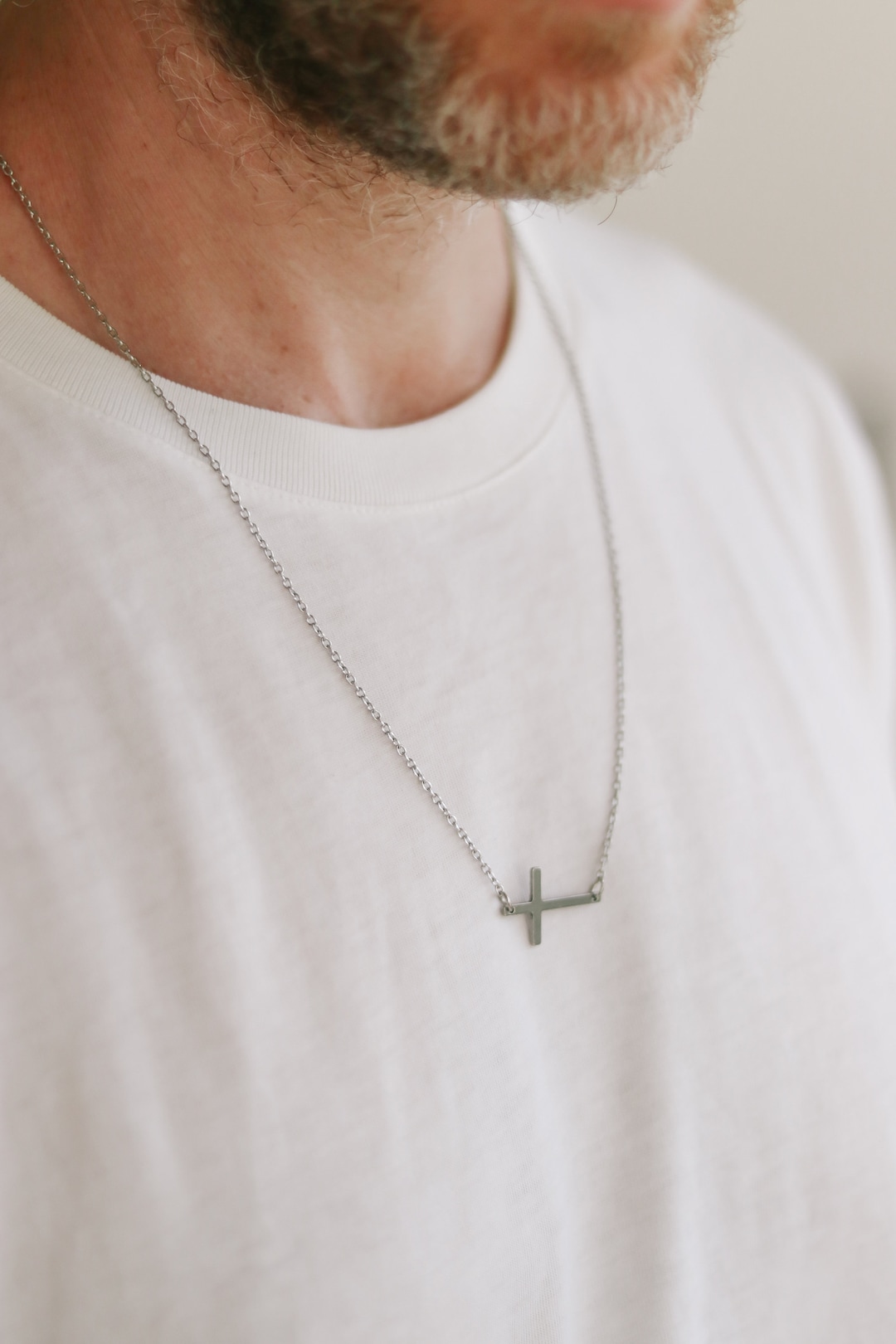 Sideways Cross Necklace for Men, Mens Necklace Waterproof Cross Pendant, Silver Chain Groomsmen