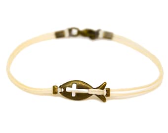 Cross fish bracelet for men, groomsmen gift, men's bracelet with a bronze cross charm, beige cord, gift for him, christian catholic jewelry