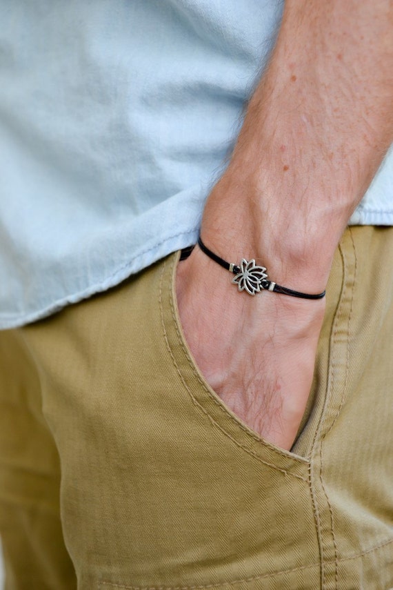 Lotus bracelet for men silver tone charm men's bracelet summer outfits men Lotus flower bracelet black string gift for him yoga jewelry