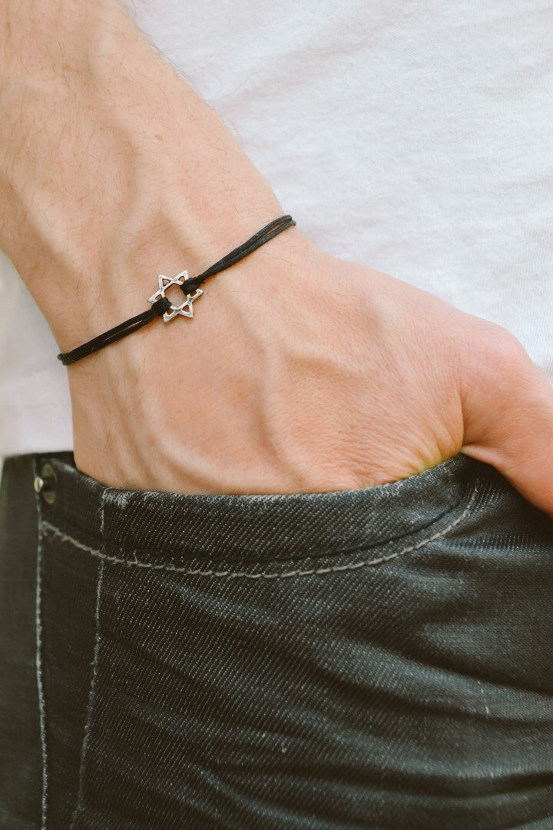 Star of David Men's Bracelet, Silver, Gift for Him, Black Bracelet for ...