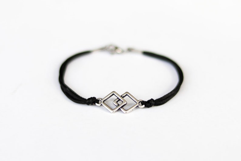 gift for him men/'s bracelet with silver plated charm black cord Double rhombus bracelet for men two squares minimalist jewelry for man