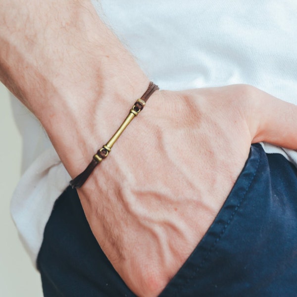 Men's bracelet, brown cord bracelet for men with long bronze bar, brown cord, bracelet for men, gift for him, mens jewelry, stack bracelet