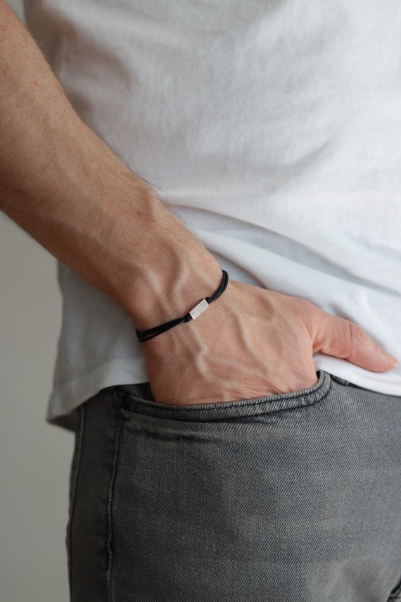 Mens Bracelet With Silver Rectangle Bead Black Bracelet for - Etsy