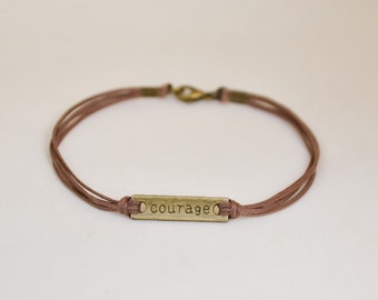 Cadeau Saint-Valentin, Bracelet Courage pour homme, Bracelet homme avec plaque de bronze, cordon marron, bijoux inspiration, motivation, échange de cadeaux