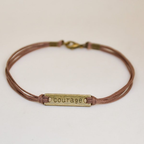 Valentines gift, Courage bracelet for men, men's bracelet with a bronze plaque, brown cord, inspiration jewelry, motivation, gift exchange