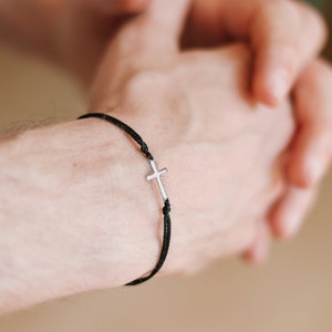 Cross bracelet for men, waterproof, men&#39;s bracelet silver stainless steel cross charm, black cord, gift for him, christian catholic jewelry