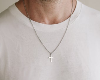 Cross necklace for men, gift wrapped, mens necklace waterproof cross pendant, silver chain confirmation gift for him, christian catholic