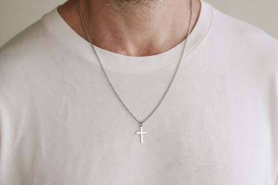 Cross necklace for men, gift wrapped, mens necklace waterproof cross pendant, silver chain confirmation gift for him, christian catholic
