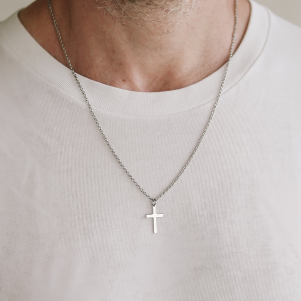 Cross necklace for men, gift wrapped, mens necklace waterproof cross pendant, silver chain confirmation gift for him, christian catholic