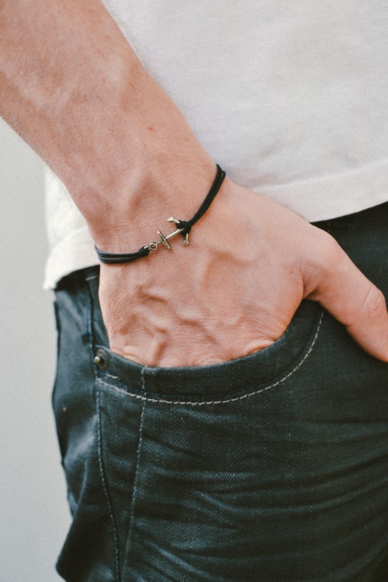 silver anchor charm bracelet for men black string