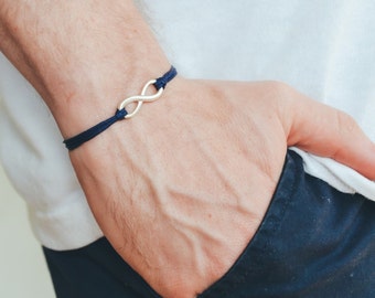 Infinity bracelet for men, blue cord men's bracelet, silver infinity charm, gift for him, endless, friendship, adjustable, yoga bracelet