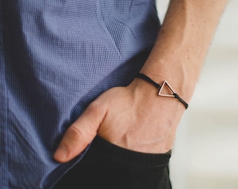 Triangle cord bracelet, men's bracelet, silver triangle charm, black cords, bracelet for men, gift for him, geometric bracelet, mens jewelry