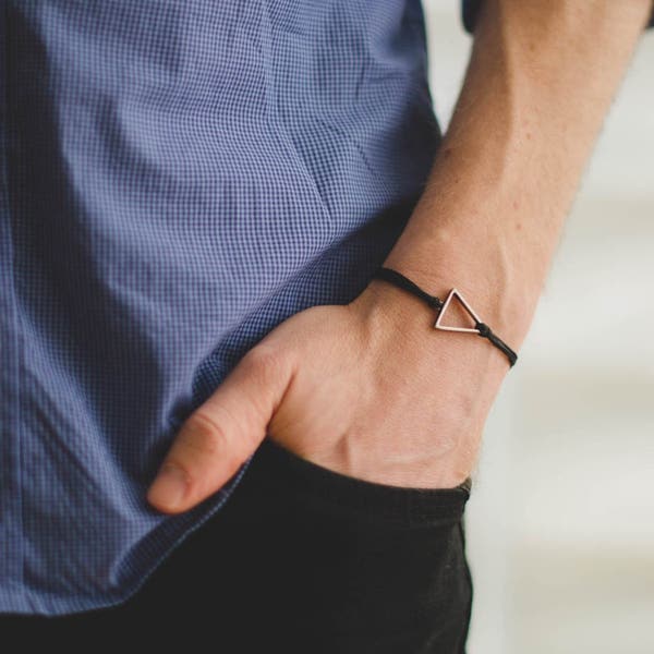 Triangle cord bracelet, men's bracelet, silver triangle charm, black cords, bracelet for men, gift for him, geometric bracelet, mens jewelry