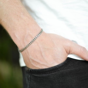 Silver chain bracelet for men, flat cuban link chain, custom size, gift for him, mens jewelry, gift for boyfriend, minimalist jewelry