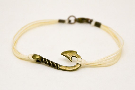 Men's Bracelet, Fish Hook Bracelet for Men, Beige Cord With Bronze Hook,  Nautical, off White String, Fish Hook, Gift for Him, Mans Jewelry 