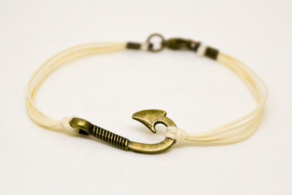 Men's Bracelet, Fish Hook Bracelet for Men, Beige Cord with Bronze Hook, Nautical, Off White String, Fish Hook, Gift for Him, Mans Jewelry