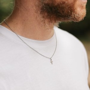 Cross necklace for men, groomsmen gift, mens necklace stainless steel cross pendant, silver chain, gift for him, christian catholic necklace