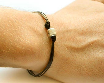 Bead Bracelet For Men Silver Plated Tube Charm Custom Color and Size String Cotton Cord Gift For Him Black Strand, Everyday Casual Jewelry