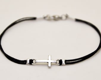 Cross bracelet for men silver tone cross charm custom size and color string bracelet mens jewelry black cord christian catholic gift for him