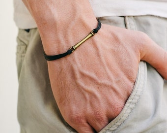 Men's bracelet, black string bracelet for men with long bronze bar, black cord, bracelet for men, gift for him, mens jewelry, stack bracelet