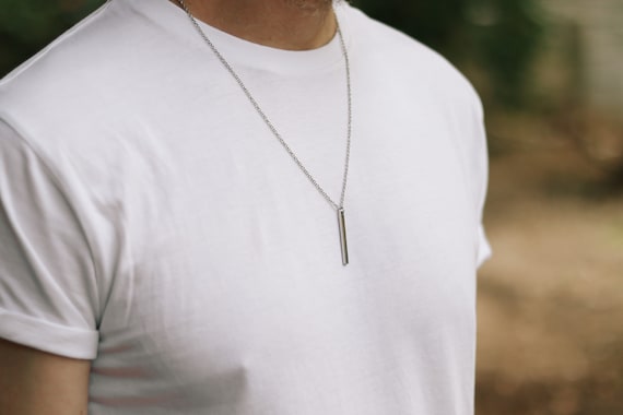 Silver Necklace for Men with Engraved Bar Pendant (Hammered) - Talisa
