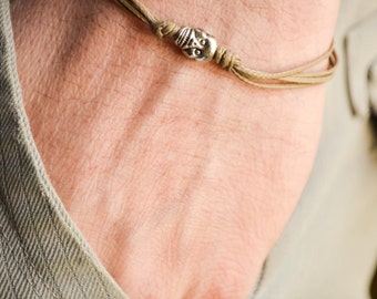 Skull bracelet for men, men's bracelet silver skull bead charm, brown string, gift for him, skeleton, Valentines gift for boyfriend, brother