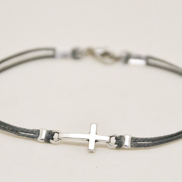 Confirmation gift, cross bracelet for boy, bracelet for boy, boy's bracelet with a silver cross pendant, gray, christian catholic jewelry