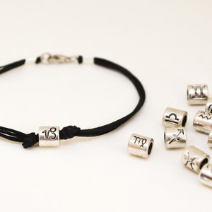 handmade silver zodiac sign bead  bracelet for men black cord custom horoscope astrology sign