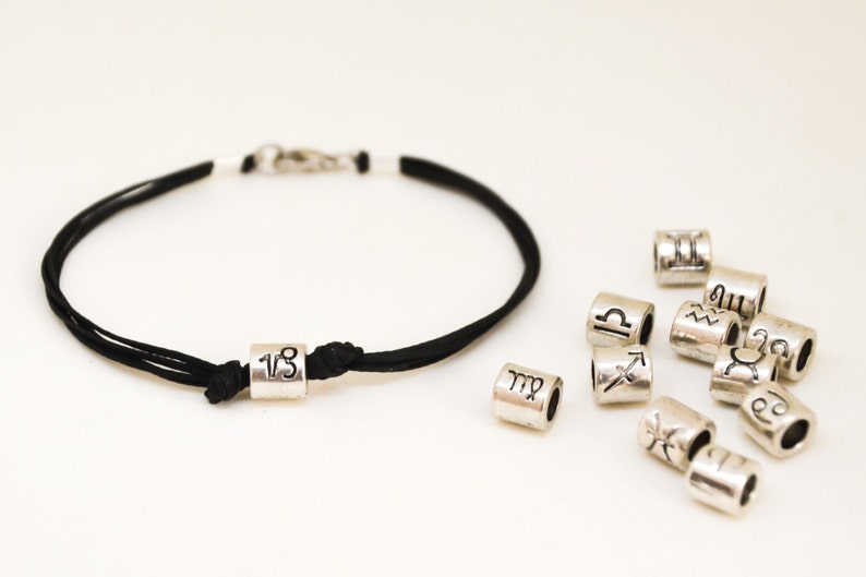 handmade silver zodiac sign bead  bracelet for men black cord custom horoscope astrology sign