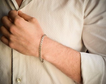 cuban link bracelet, Silver links chain bracelet for men, flat chain, groomsmen gift, mens jewelry, gift for dad, silver