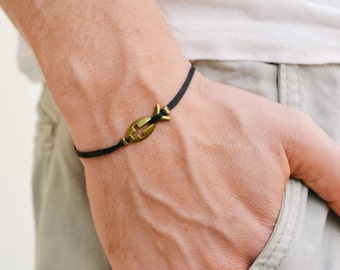 Cross fish bracelet for men, groomsmen gift, men's bracelet with bronze cross charm, black string, gift for him, christian catholic jewelry