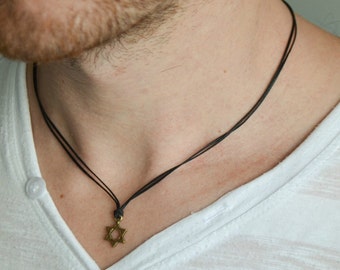 Star of David necklace for men, men's necklace with bronze Magen David, black cord, gift, Jewish, Hebrew Jewelry from Israel, judaica