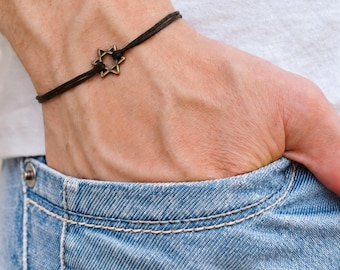 Star of David men's bracelet, bronze tone David Shield charm, black cord bracelet for men, Bar Mitzvah gift for him, Jewish jewelry Israel