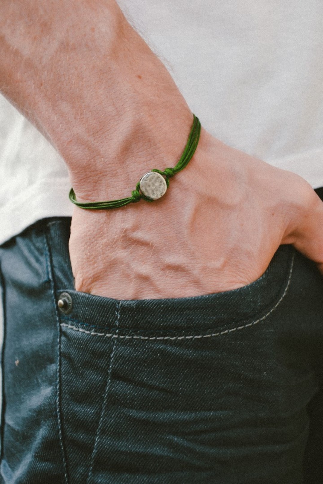 Men's Bracelet, Green Cord Bracelet for Men With a Silver Round Charm ...