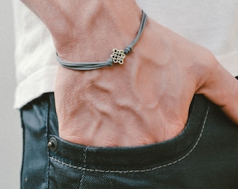 Infinity bracelet for men, gray cord men's bracelet, silver infinity bead, valentines gift for him, endless Chinese celtic knot, yoga gift