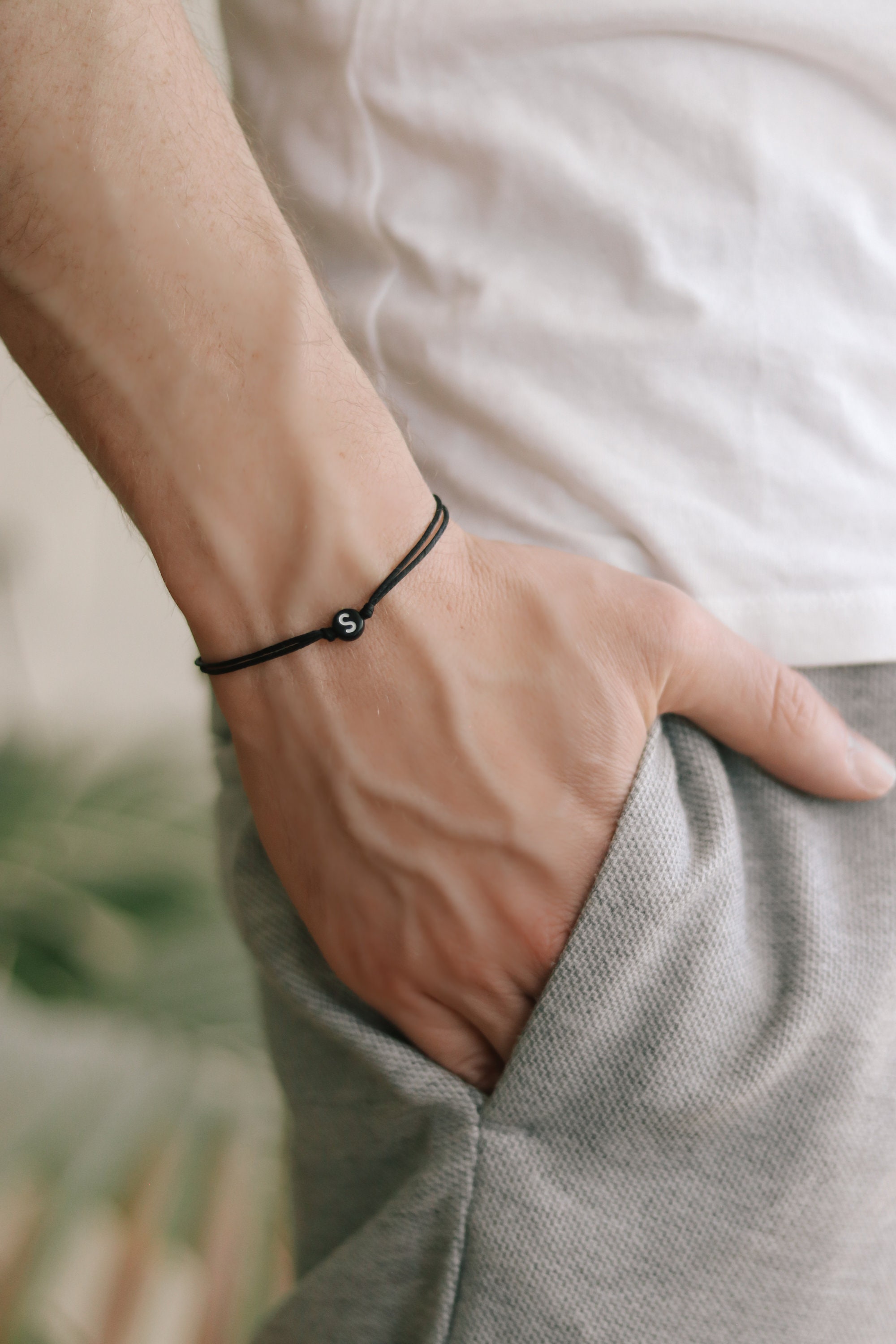 Initial bracelet customise men's bracelet black round | Etsy