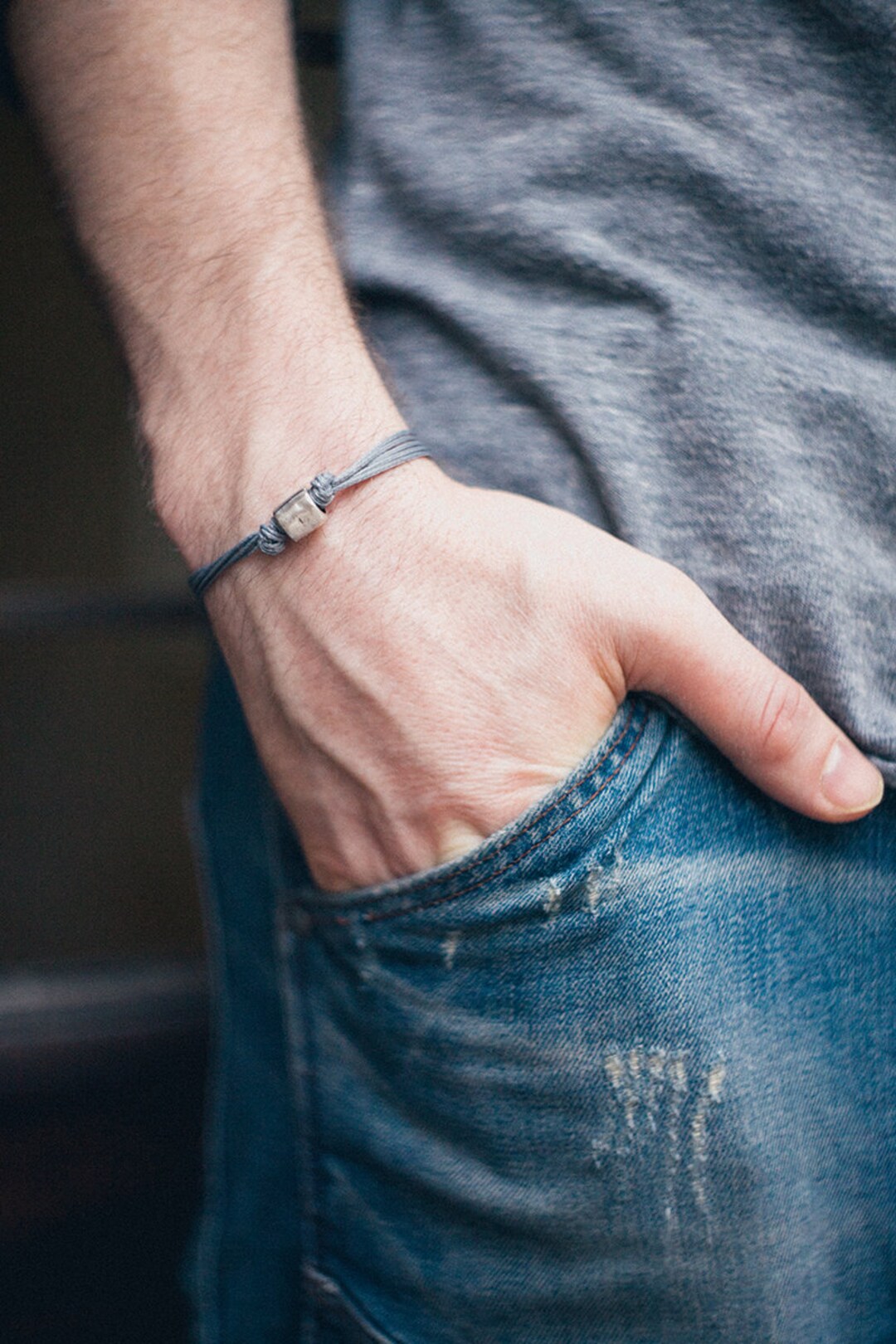 Men's Bracelet With a Silver Tube Charm and a Gray Cord - Etsy