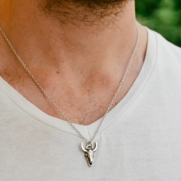 Bull head skull necklace for men, men's necklace silver chain, silver skull pendant, gift for him, cowboy country necklace, festival jewelry