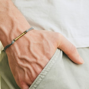 Bracelet for men gray string cord men's bracelet long bronze tone bar charm bracelet for man custom gift for him mens jewelry stack bracelet