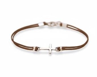 Bracciale con croce per uomo, color argento, ciondolo a croce, cordino marrone in cotone, misura personalizzata, regalo per la festa del papà, gioielli cristiani cattolici